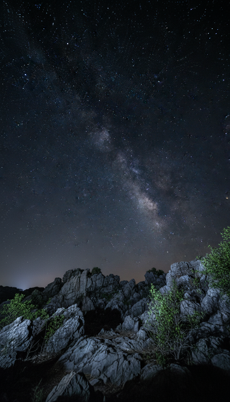 A sprawling view of a starlit sky above the rugged silhouette of Mahuli Fort, rendered with photographic realism. The main focus is on the expanse of the night sky dotted with sparkling constellations and a faint glimpse of the Milky Way. Below, detailed rock textures and scattered foliage hint at the lush landscape of Mahuli, subtly illuminated by gentle moonlight. The lighting is a soft, ethereal glow, with cooler blue and silver tones casting tranquil highlights on the terrain and creating deep, calming shadows. The mood is serene and awe-inspiring, capturing the quiet wonder of stargazing. This image is shot from a low, wide-angle perspective with the horizon in the lower third, emphasizing the grand scale of the sky above. The overall aesthetic is clean, modern, and naturally immersive for a stargazing event site.